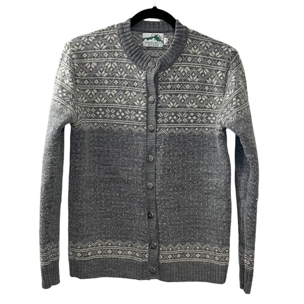Woolrich Woman Size 40 Gray Fair Isle Norwegian Wool Blend Button Sweater